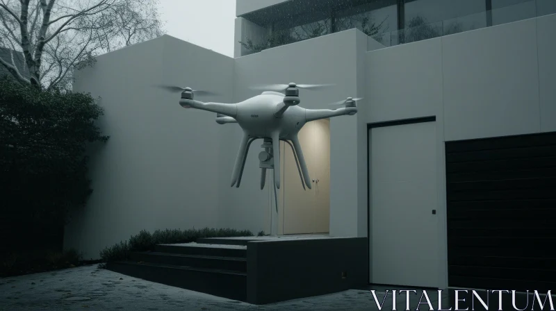 Captivating White Drone Flying in Front of Modern House AI Image