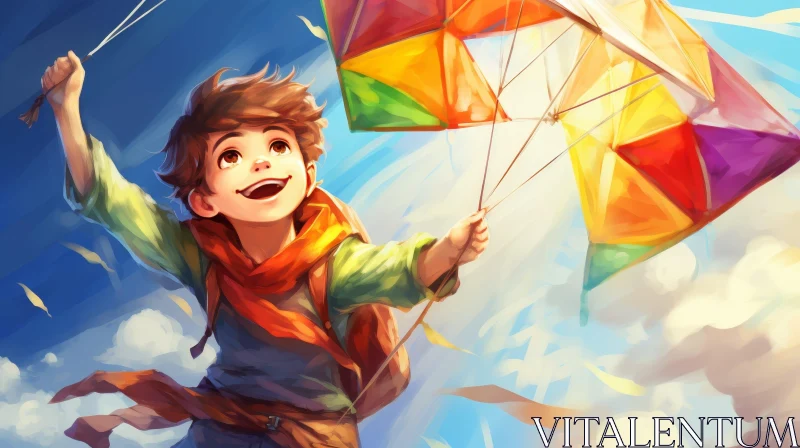 AI ART Childhood Joy: Boy Flying Colorful Kite on Windy Day