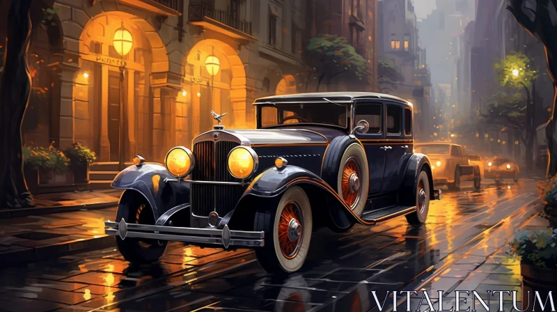 Classic Car Parked on City Street at Night AI Image
