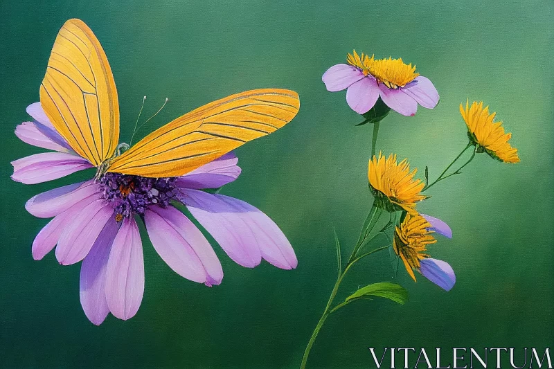 Close-Up Butterfly and Flower Paintings in Purple and Yellow AI Image