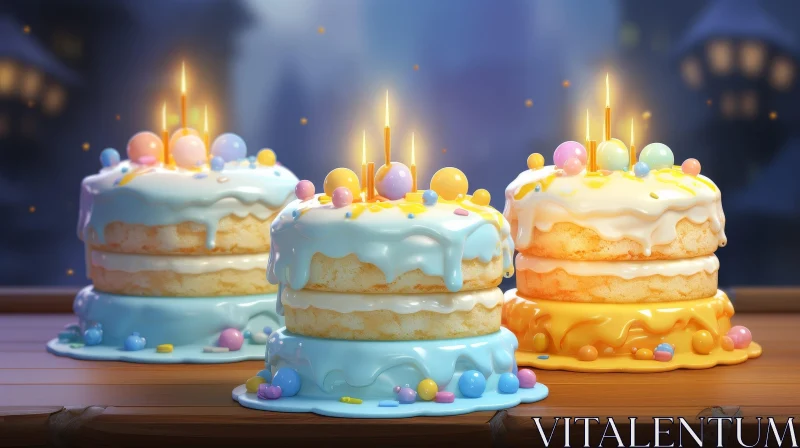 Colorful Birthday Cakes on Wooden Table AI Image