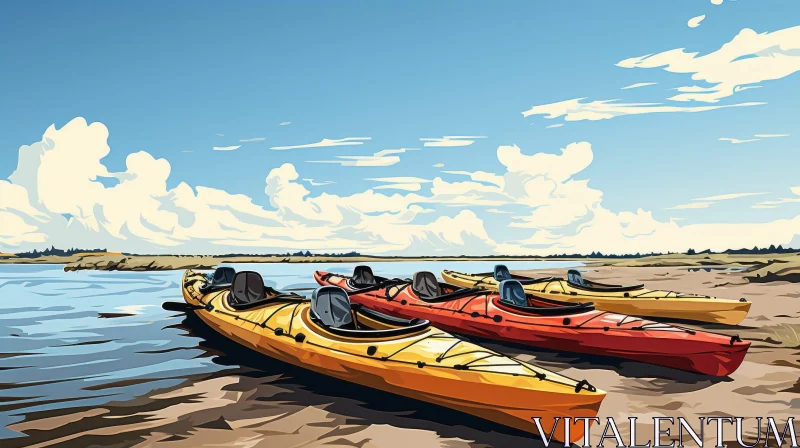 Colorful Kayaks by the Lake | Cartoon Style AI Image