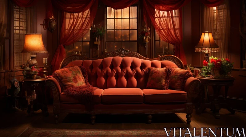 Cozy Living Room with Red Velvet Sofa and Warm Lighting AI Image