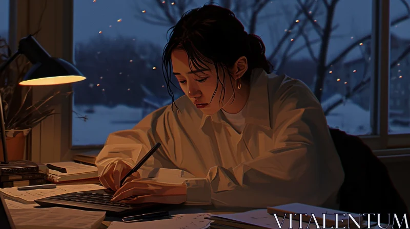 Digital Painting: Cozy Winter Night with Woman Writing in Journal at Desk AI Image