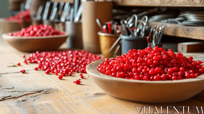 Enchanting Still Life: Wooden Table with Red Berries AI Image