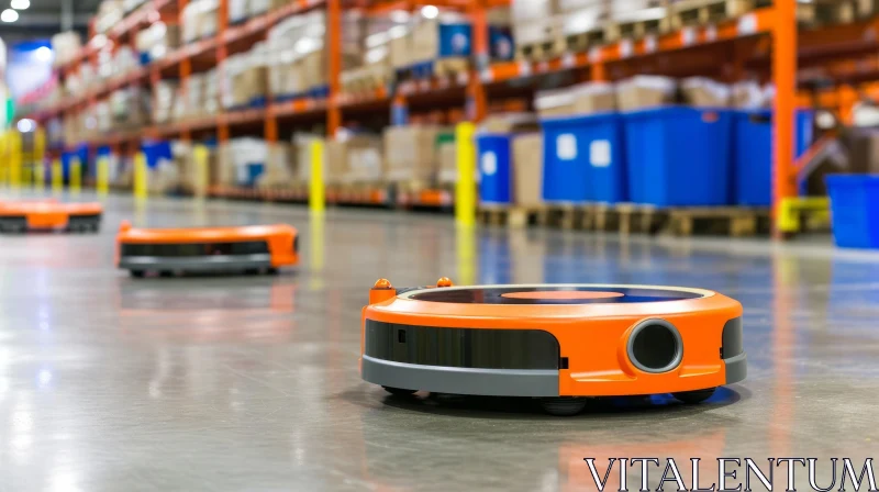 Futuristic Orange Autonomous Robot Vacuum Cleaner in a Modern Warehouse AI Image