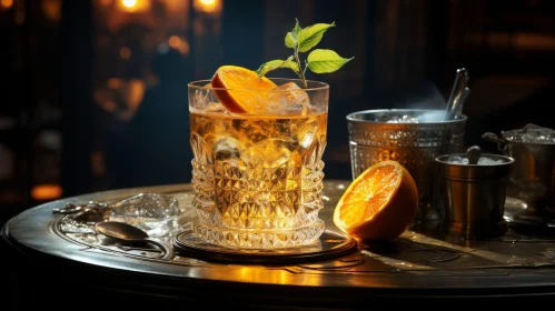 Glass of Whiskey with Orange Slice and Mint on Copper Tray