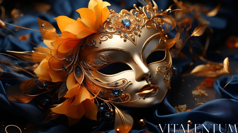 Golden Mask with Orange Floral Decorations AI Image