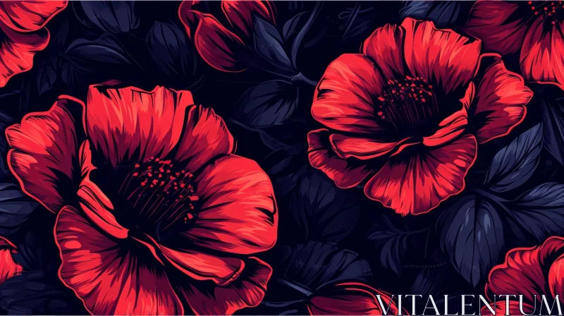 Intricate Red Hibiscus Flower Pattern on Dark Blue Background AI Image