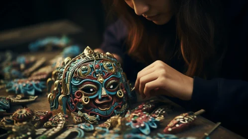Intricately Designed Mask Examination by Young Woman