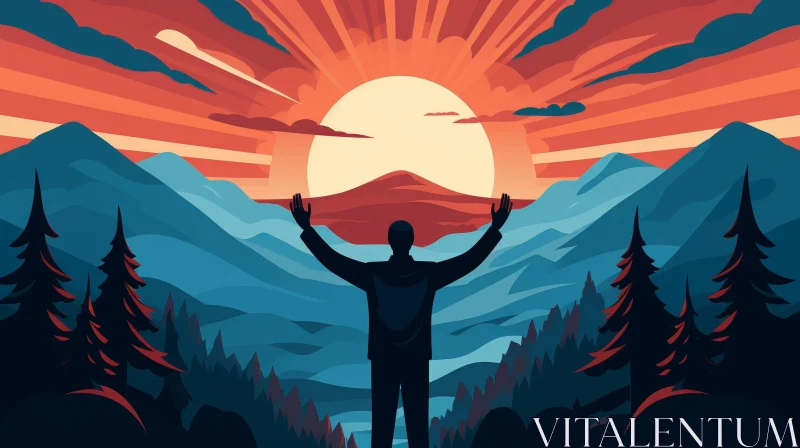 Man on Mountaintop at Sunset Illustration AI Image