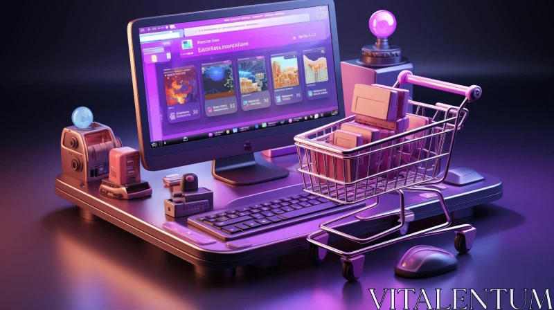 Modern 3D Rendering of Desktop Computer with Shopping Cart AI Image