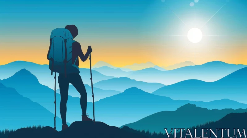 AI ART Mountain Sunset Hiking Illustration