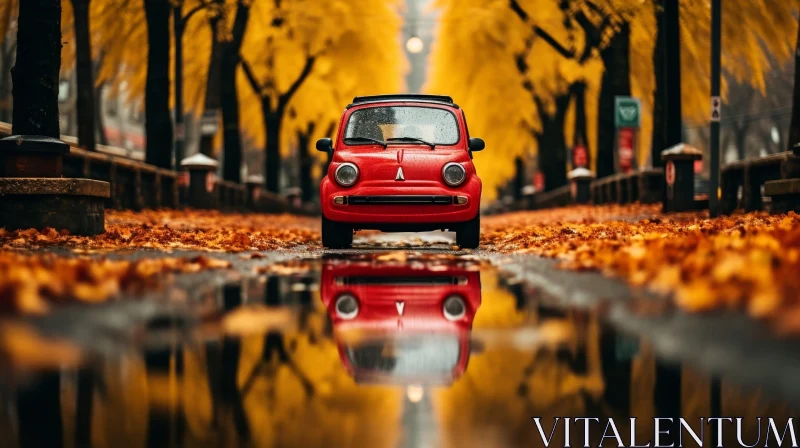 Red Retro Car on Wet Road in Fall AI Image