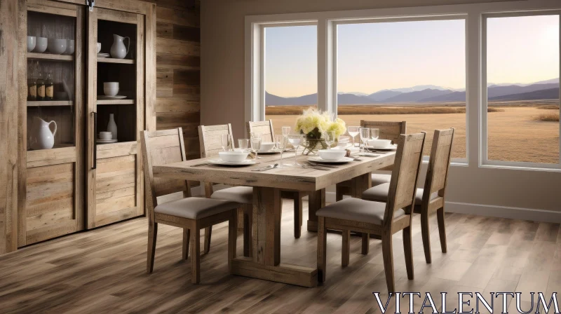 Rustic Dining Room with Wooden Table and White Flowers AI Image