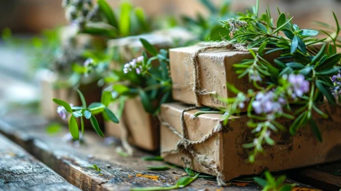 Rustic Still Life with Brown Paper Packages and Rosemary