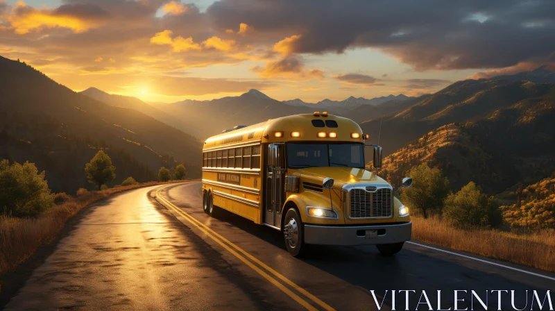 School Bus Driving in Mountain Sunset AI Image
