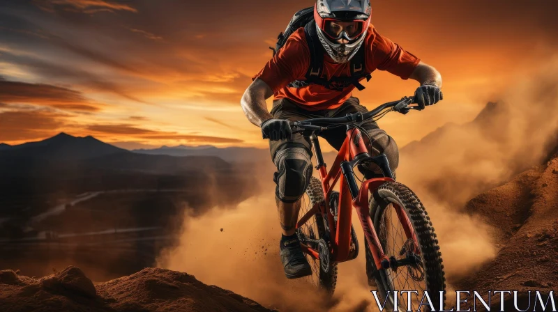 Thrilling Mountain Biking Descent at Sunset AI Image