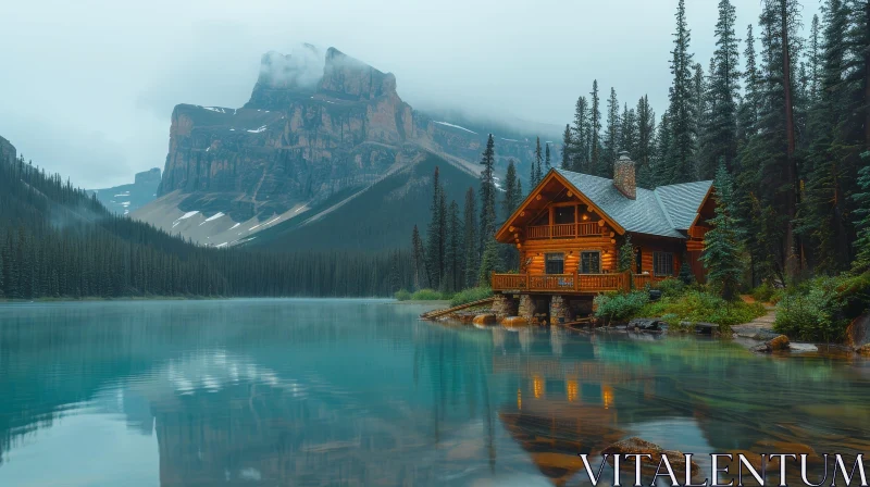 Tranquil Log Cabin by Lake and Mountains AI Image