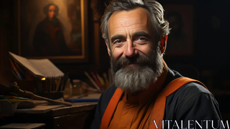 Warm Smile: Bearded Man Portrait in Dimly Lit Setting AI Image