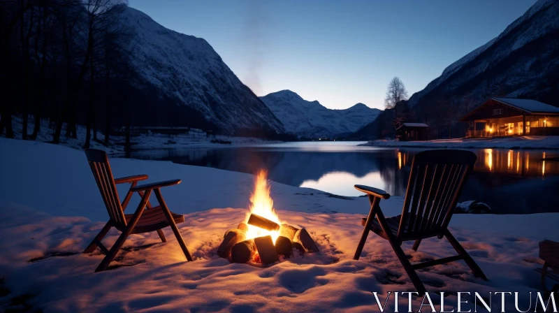 Winter Bonfire on Snowy Lake Shore AI Image
