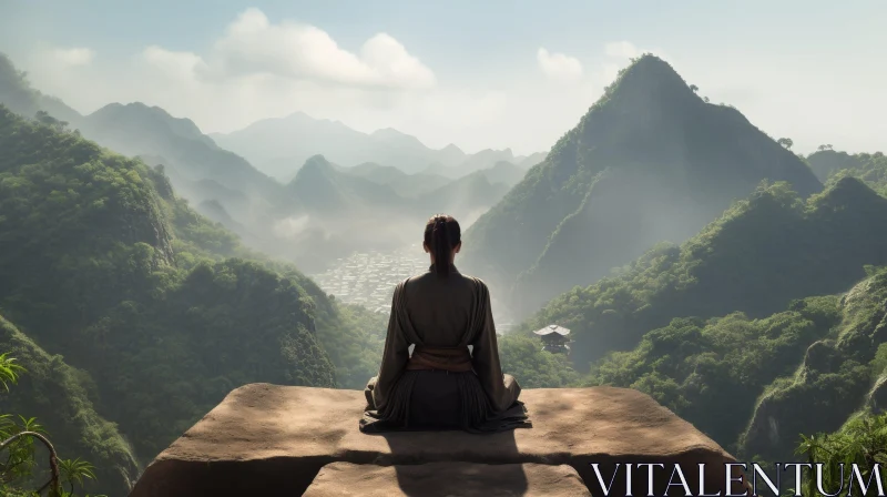 Woman in Kimono Sitting in Misty Mountains AI Image