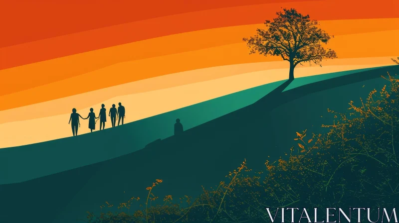 A Joyful Family Outing: Digital Painting of a Family Walking on a Hill AI Image
