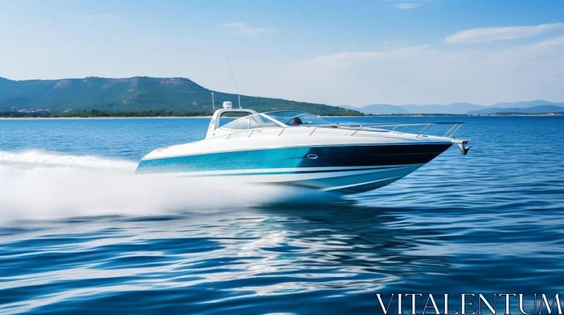Blue and White Speedboat Racing on Water with Mountain View AI Image