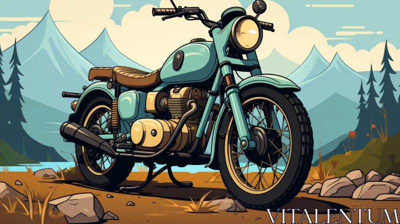 Blue Cartoon Motorcycle in Field with Mountain Background AI Image