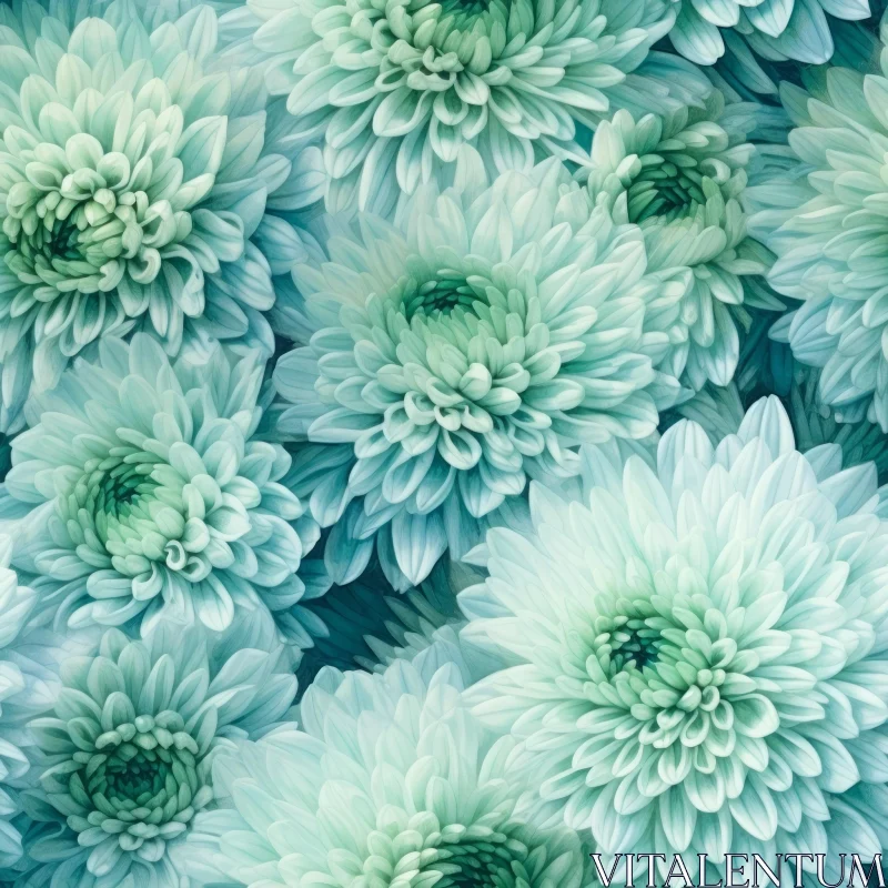 Chrysanthemum Flowers Pattern in Blue and Green AI Image