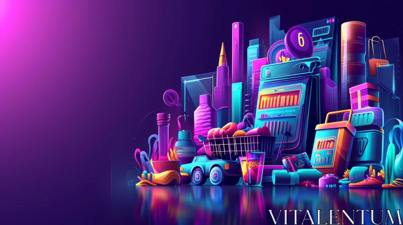Colorful 3D Illustration of a Shopping Cart Filled with Groceries AI Image