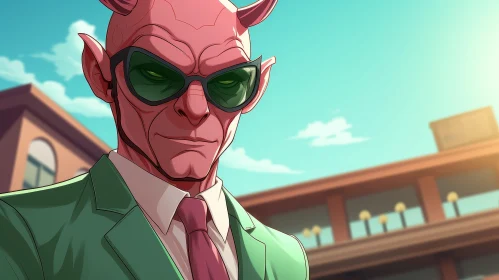 Confident Red Devil Cartoon in Green Suit and Sunglasses