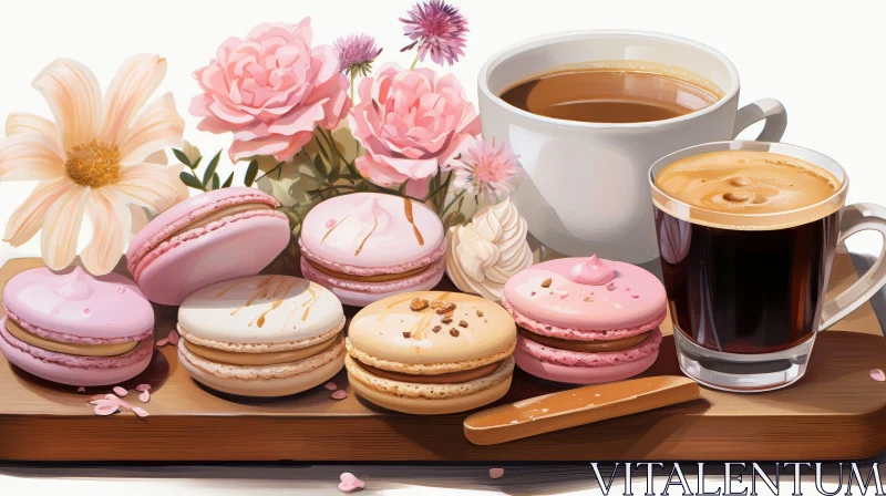 AI ART Delicious Coffee and Colorful Macarons on Wooden Board