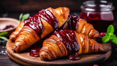 Delicious Croissants with Red Berry Jam on Wooden Table