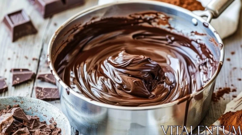 Delicious Melted Chocolate in a Metal Pot on a Wooden Table AI Image