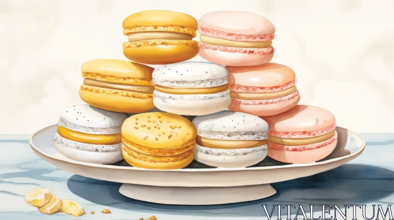 Delicious Multicolored Macarons Watercolor Painting AI Image