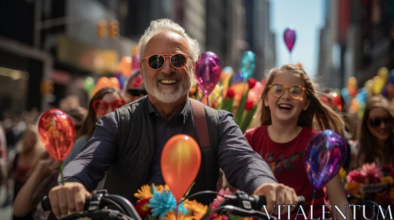 Elderly Couple Cycling Through Bustling City with Balloons AI Image