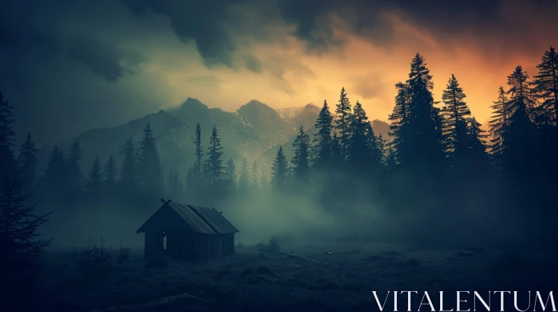 Enigmatic Cabin in the Mountains Landscape AI Image