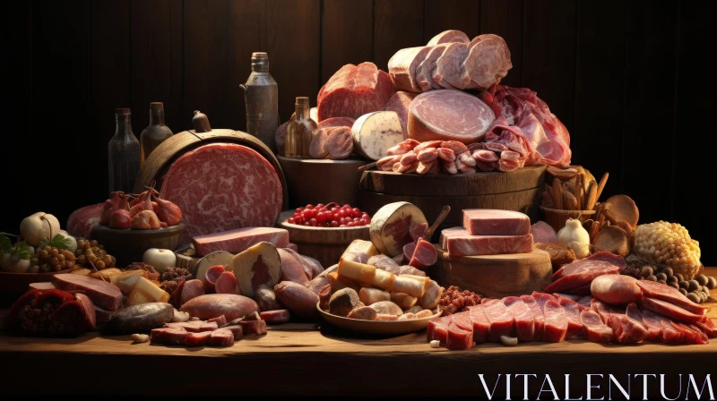 Exquisite Still Life of Meats and Cheeses on Wooden Table AI Image