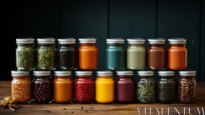 Exquisite Variety of Spices and Herbs in Glass Jars on Wooden Table AI Image