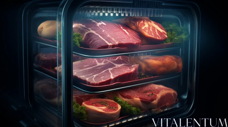 Fresh and Tempting Meat Display in Glass Refrigerator AI Image
