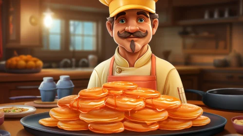 Friendly Chef with Pancakes in Kitchen
