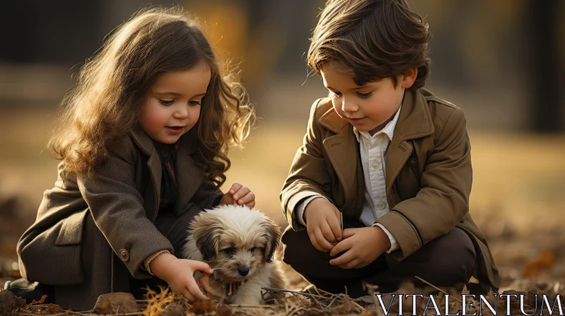 Joyful Children Playing with Puppy in Park AI Image