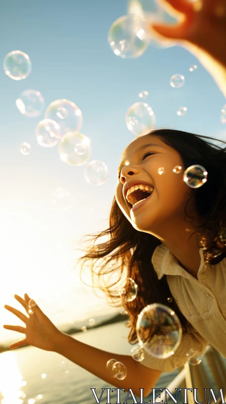 Joyful Girl Playing with Bubbles in Nature AI Image