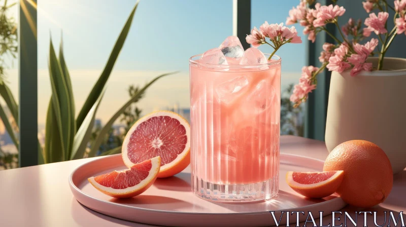 Pink Grapefruit Juice on Pink Table with Flowers and City Skyline AI Image