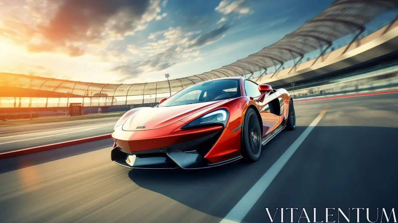 AI ART Red McLaren 570S Sports Car Racing on Track at Sunset