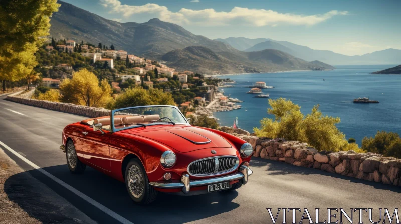 Red Vintage Car on Winding Road Above Sea AI Image