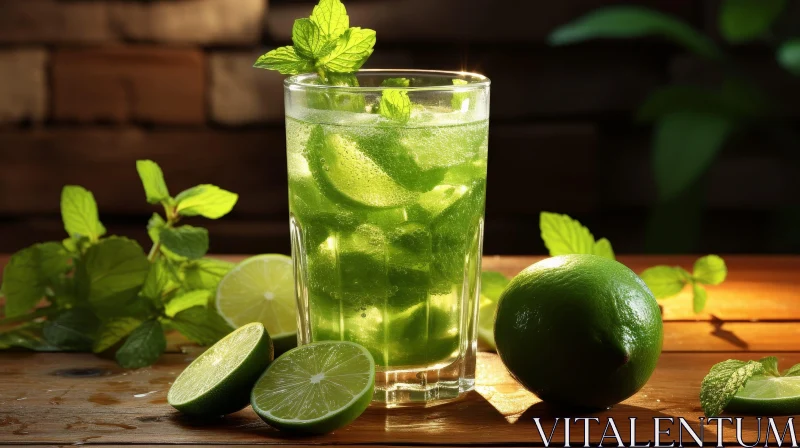 Refreshing Mojito Glass on Wooden Table AI Image