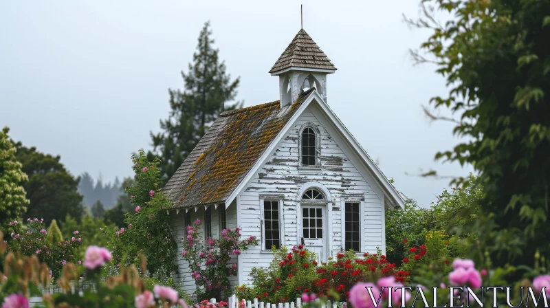 AI ART Serene Photo of a Small White Wooden Church in a Field of Flowers