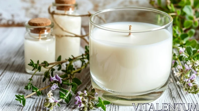 Serene Still Life: White Candle in Glass Jar with Rosemary and Flowers AI Image